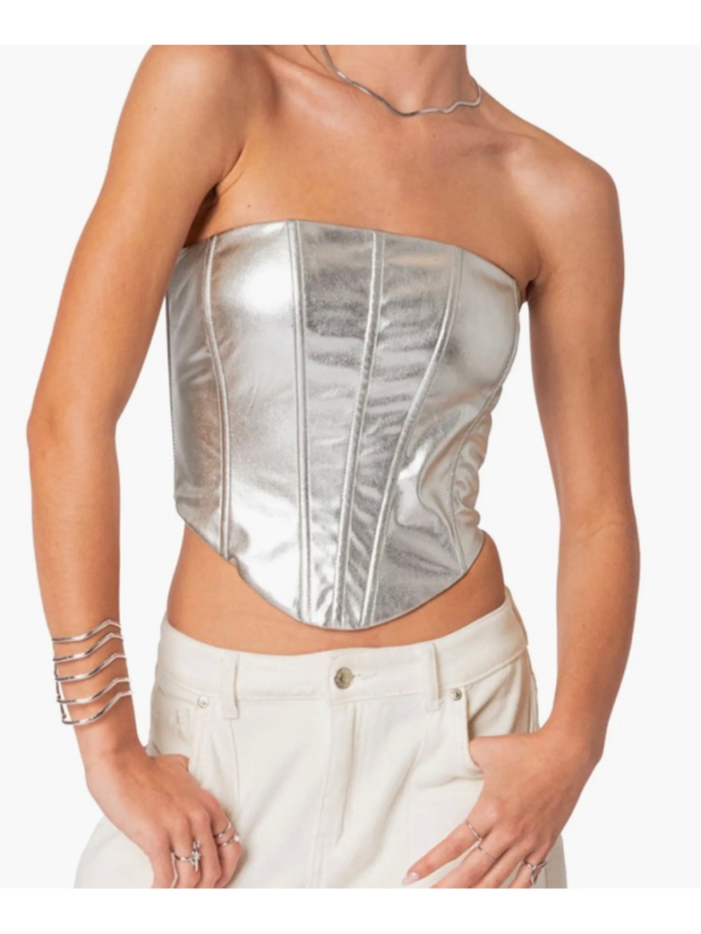 Women's Nordstrom Edikted Silver Metallic Corset Crop Top Size L